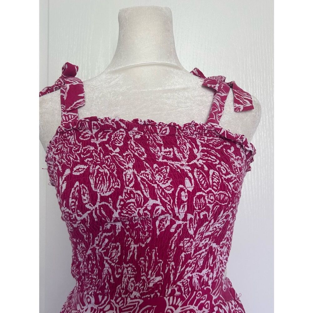 Vibrant Pink Floral Tie-Shoulder Boho Tropical Maxi Dress Side Cut Outs Rayon - Picture 5 of 12